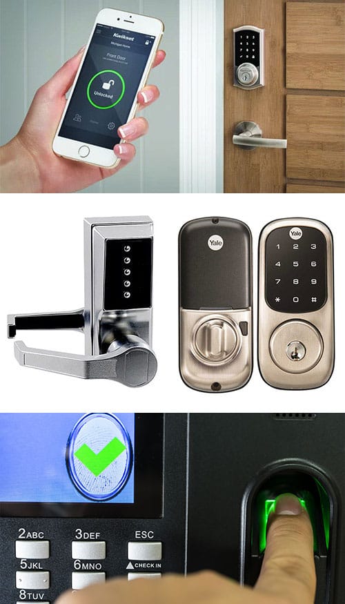 Residential SmartLock being operated by a smartphone (top) two types of keypad door locks (middle) and a biometric fingerprint scanner (bottom.