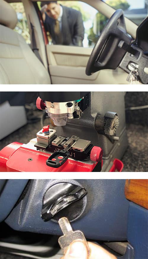 we can help you when you've locked your keys in your car (top), we can cut new keys for you (middle), and we can extract a key that has broken off in the ignition lock (bottom). we can help you when you've locked your keys in your car (top), we can cut new keys for you (middle), and we can extract a key that has broken off in the ignition lock (bottom).
