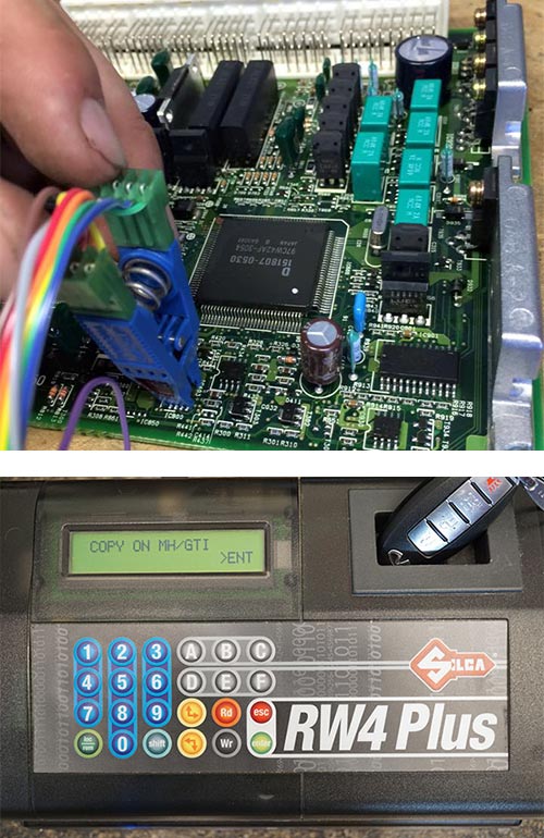 Car computer motherboard being reprogrammed to work with new keys (top) and a key fob being programmed (bottom)