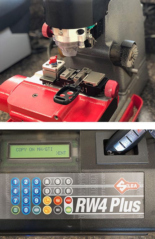 car key being cut (top) and a key fob being programmed (bottom) car key replacement Chicago, car key being cut (top) and a key fob being programmed (bottom)