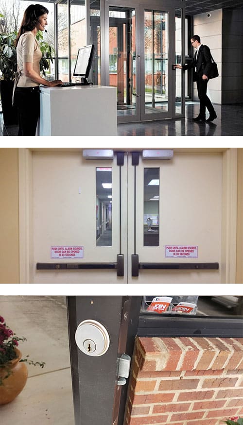 Commercial access control system (top) commercial doors with crash bars and magnetic door locks (middle) and a commercial-grade deadbolt on a retail shop door (bottom) Commercial access control system (top) commercial doors with crash bars and magnetic door locks (middle) and a commercial-grade deadbolt on a retail shop door (bottom)