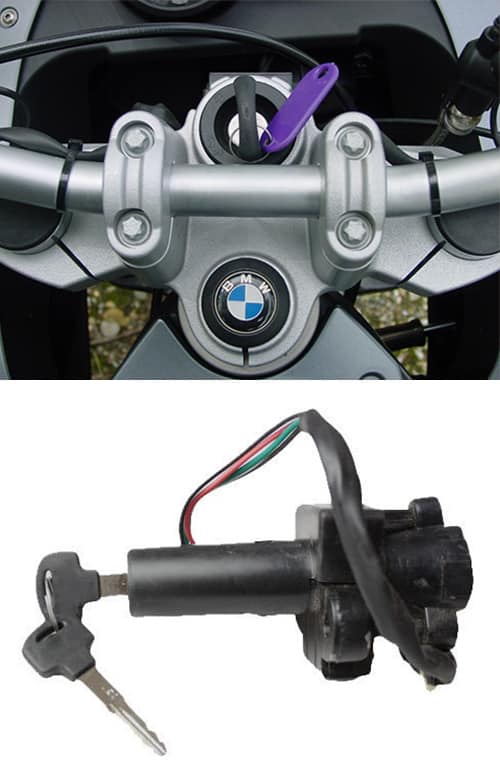motorcycle key in the ignition of a BMW motorcycle (top) and a motorcycle ignition (bottom)