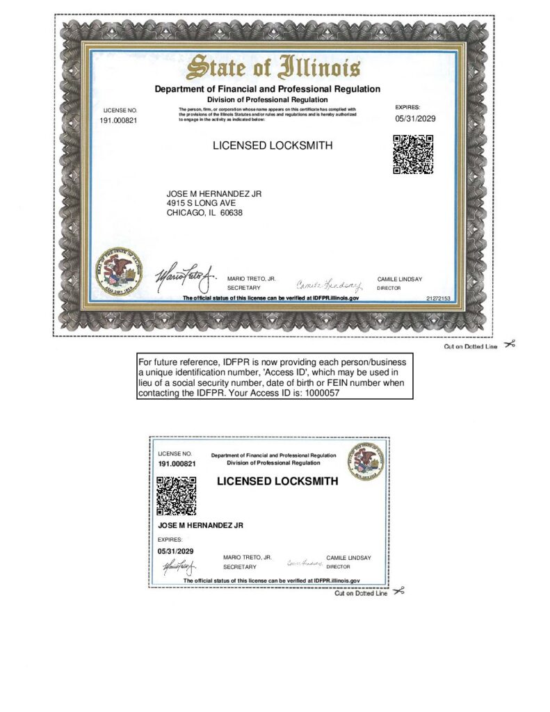 State of Illinois licensed locksmith credential for Jose M. Hernandez Jr., license number 191.000821