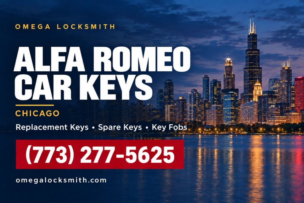 Omega Locksmith service card for Alfa Romeo car key replacement in Chicago