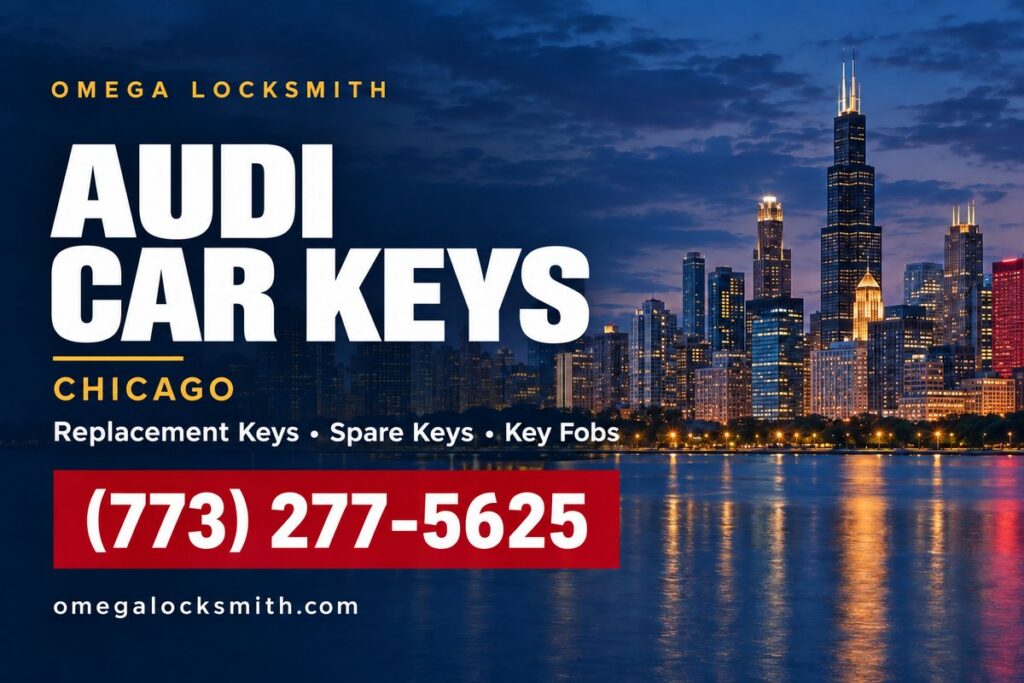Omega Locksmith service card for Audi car key replacement in Chicago