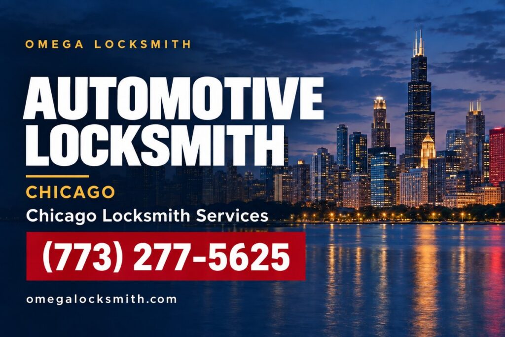 Omega Locksmith service card for automotive locksmith in Chicago