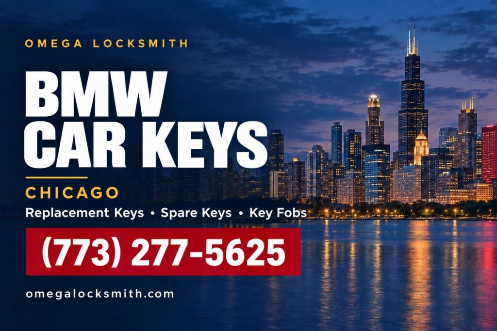 Omega Locksmith service card for BMW car key replacement in Chicago