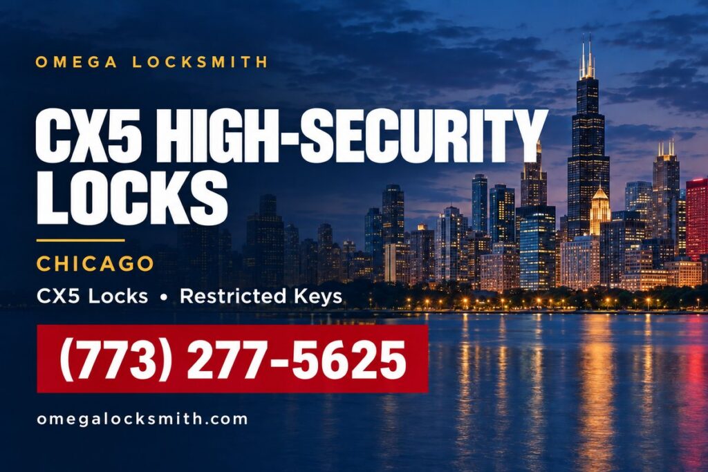 Omega Locksmith service card for CX5 high security locks in Chicago