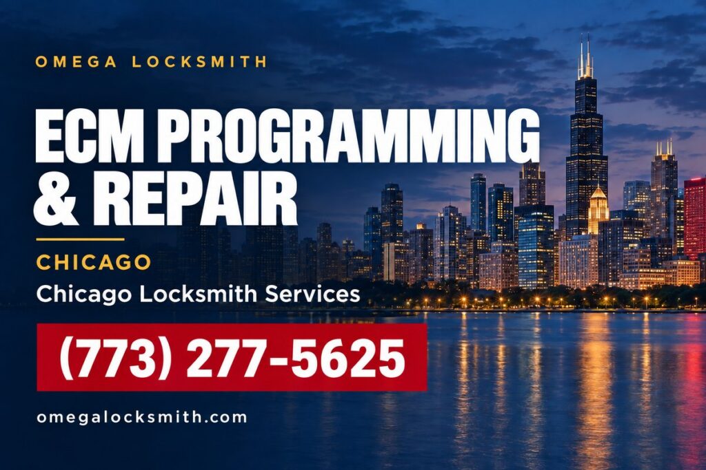 Omega Locksmith service card for ECM programming and repair in Chicago