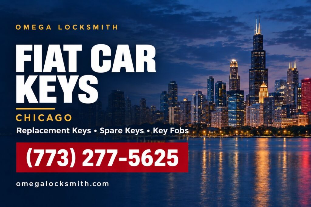 Omega Locksmith service card for Fiat car key replacement in Chicago