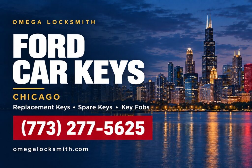 Omega Locksmith service card for Ford car key replacement in Chicago