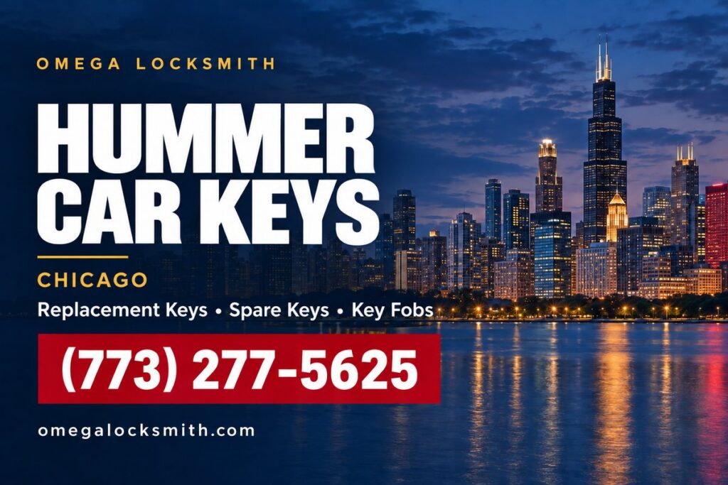 Omega Locksmith service card for Hummer car key replacement in Chicago