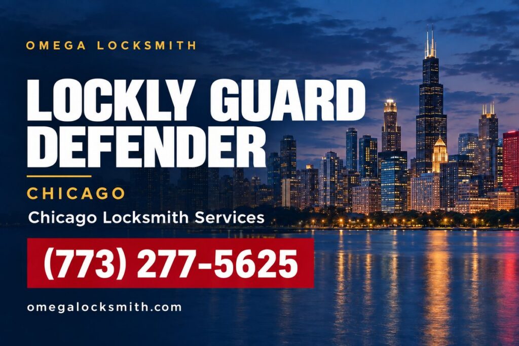 Omega Locksmith service card for Lockly Guard Defender in Chicago