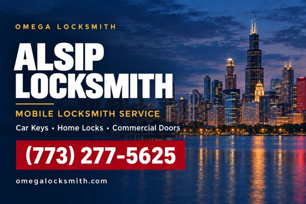Omega Locksmith service-area card for Alsip, Illinois