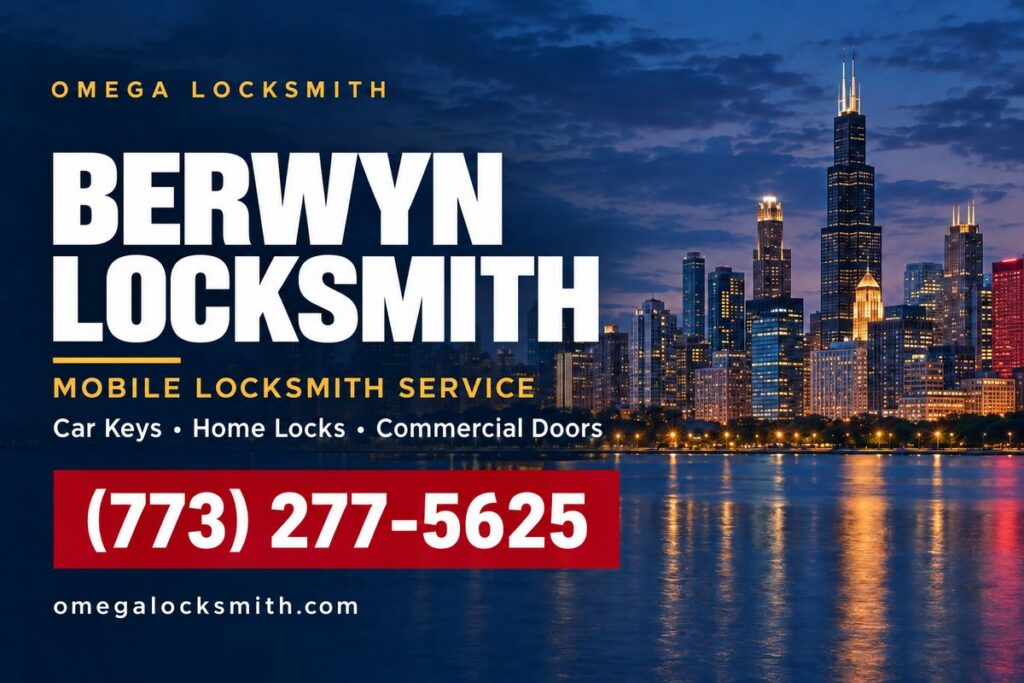 Omega Locksmith service-area card for Berwyn, Illinois
