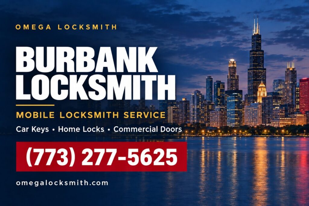 Omega Locksmith service-area card for Burbank, Illinois