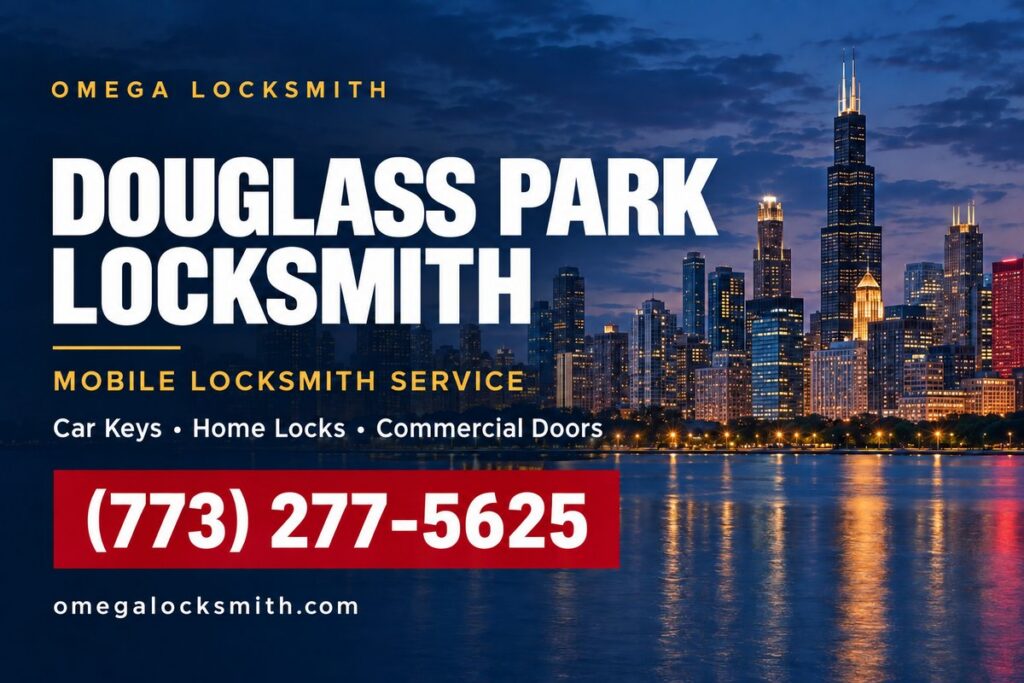 Omega Locksmith service-area card for Douglass Park, Chicago