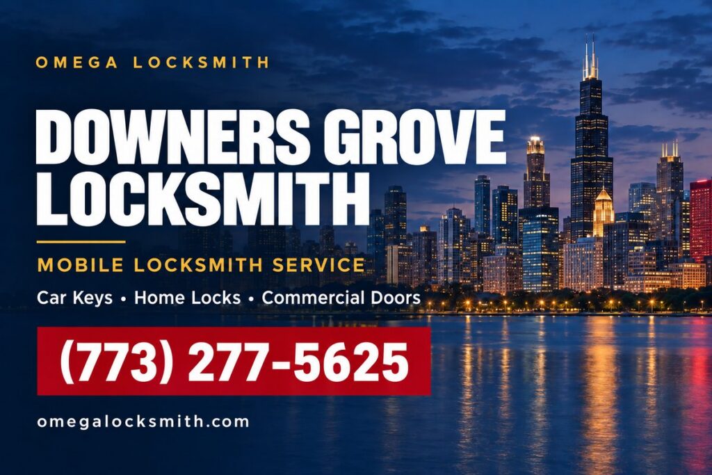 Omega Locksmith service-area card for Downers Grove, Illinois