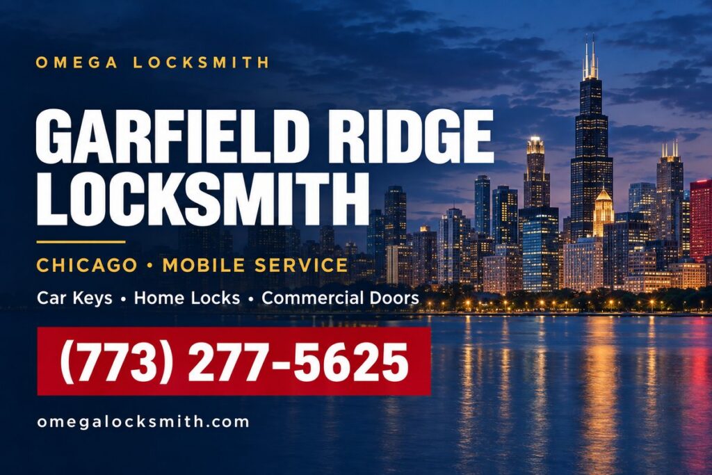 Omega Locksmith service-area card for Garfield Ridge, Chicago