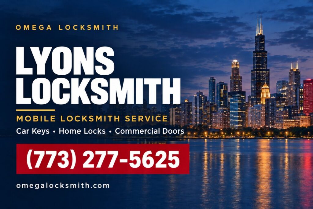 Omega Locksmith service-area card for Lyons, Illinois