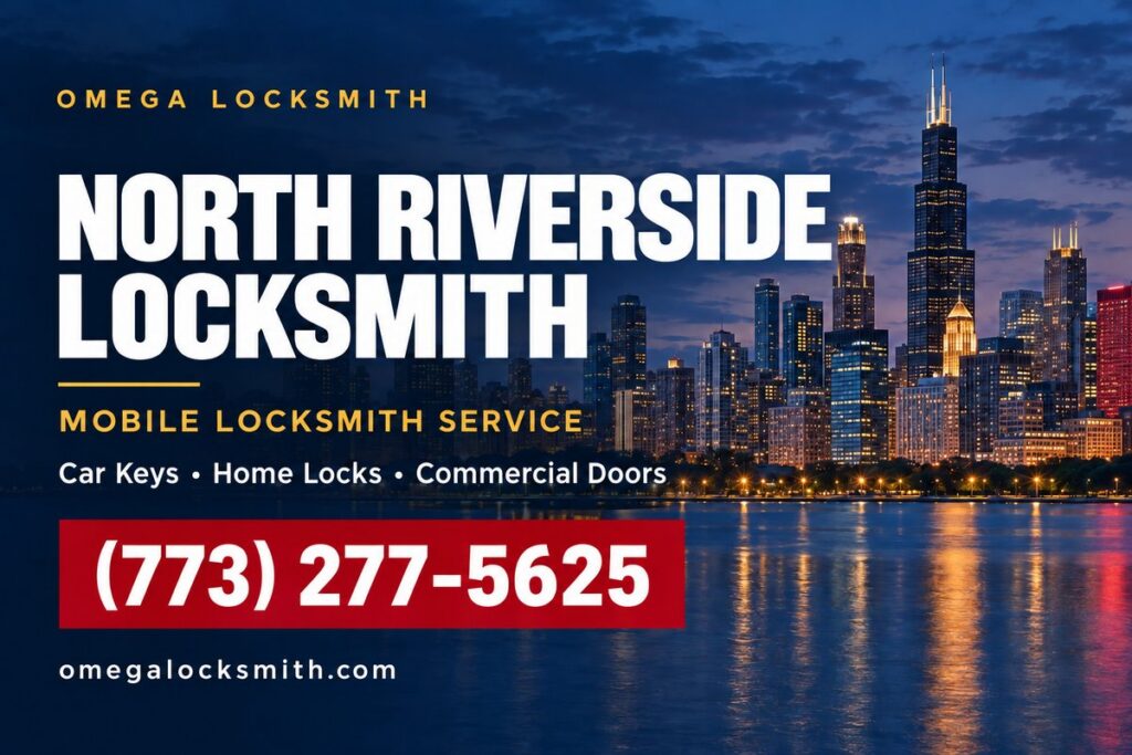Omega Locksmith service-area card for North Riverside, Illinois