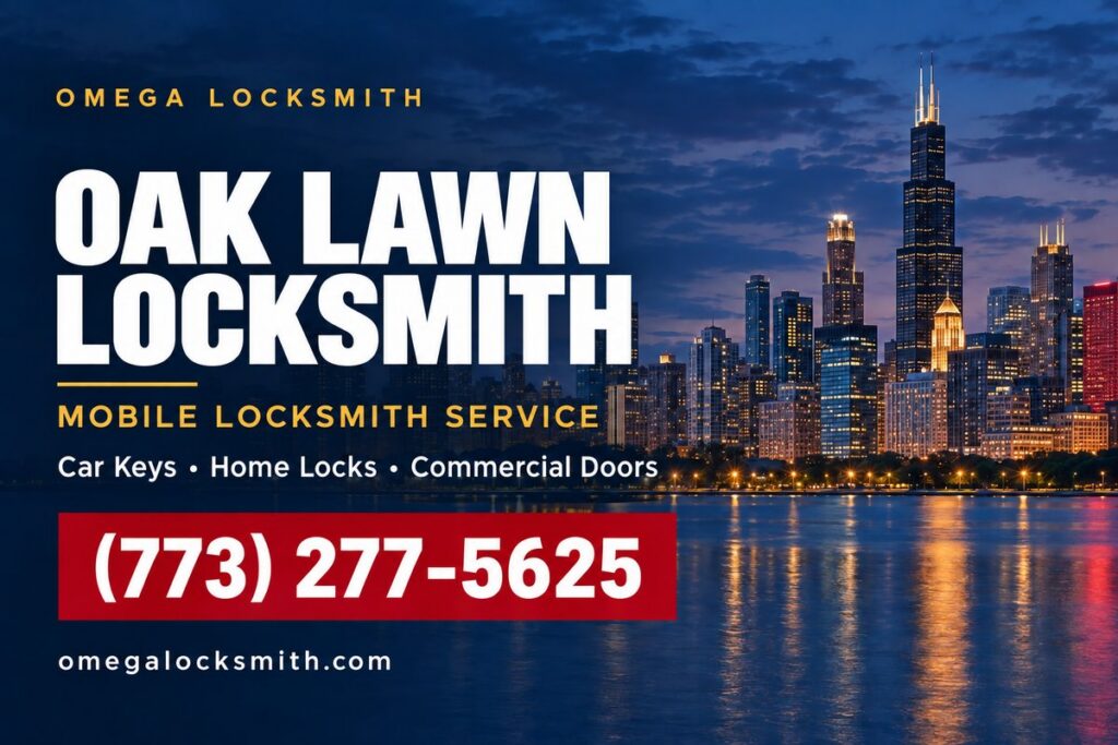 Omega Locksmith service-area card for Oak Lawn, Illinois