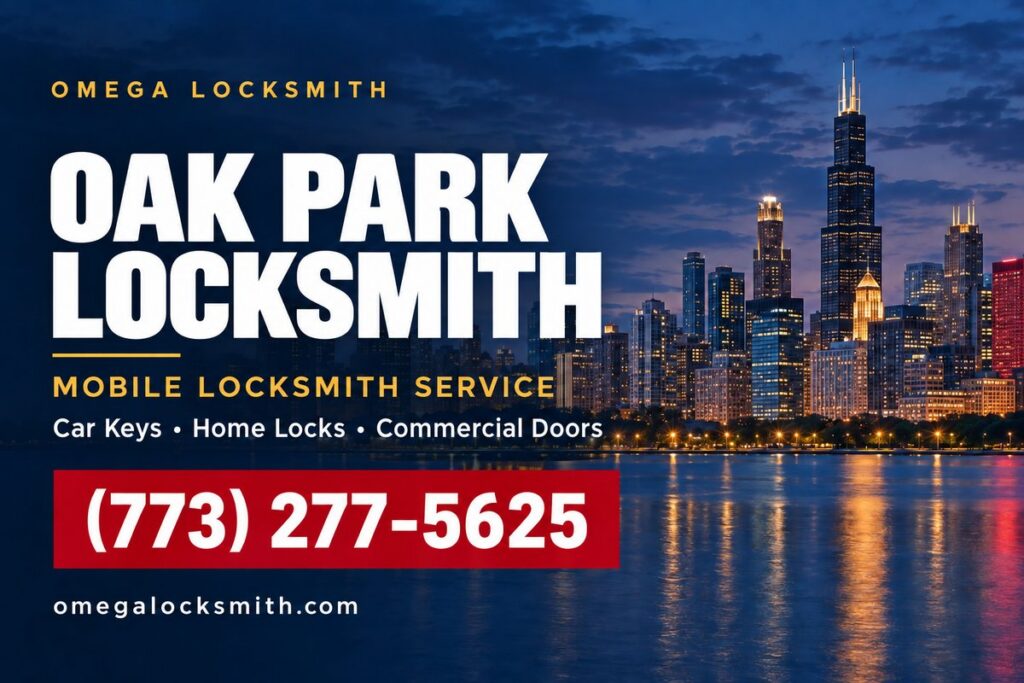 Omega Locksmith service-area card for Oak Park, Illinois