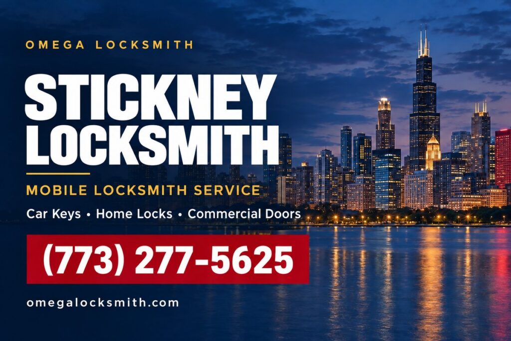 Omega Locksmith service-area card for Stickney, Illinois
