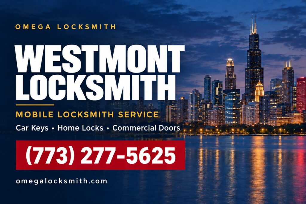 Omega Locksmith service-area card for Westmont, Illinois
