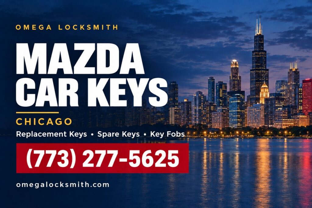 Omega Locksmith service card for Mazda car key replacement in Chicago