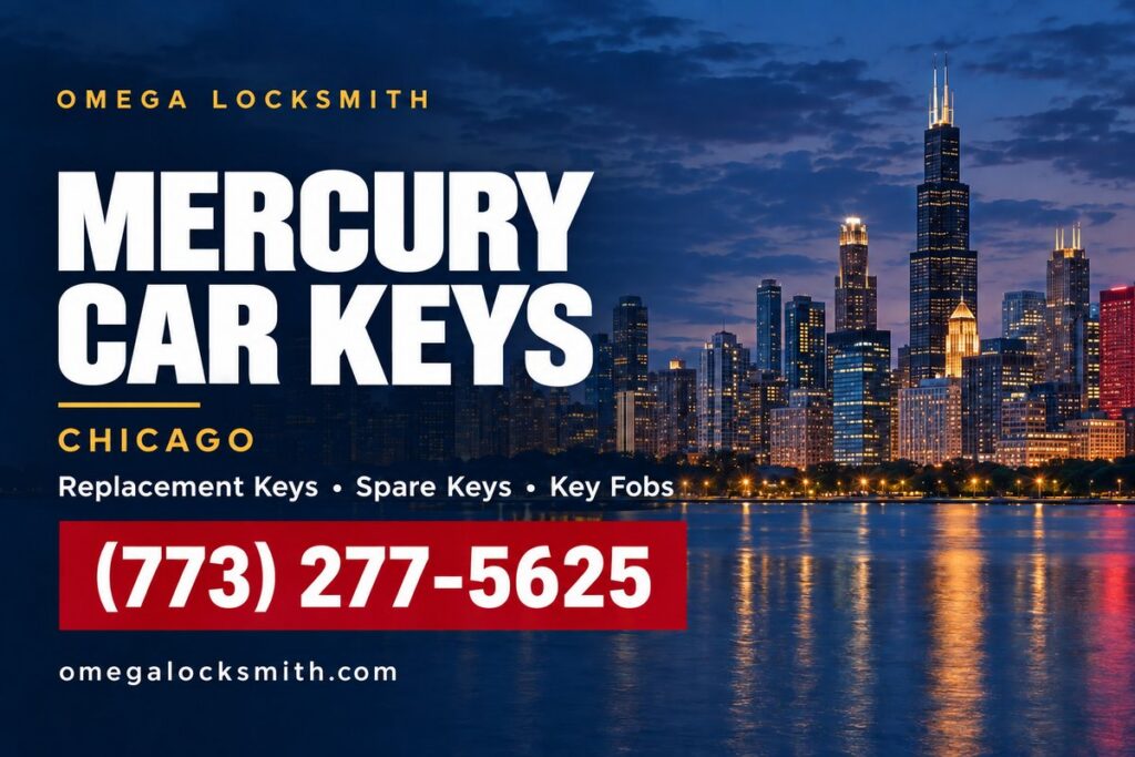 Omega Locksmith service card for Mercury car key replacement in Chicago