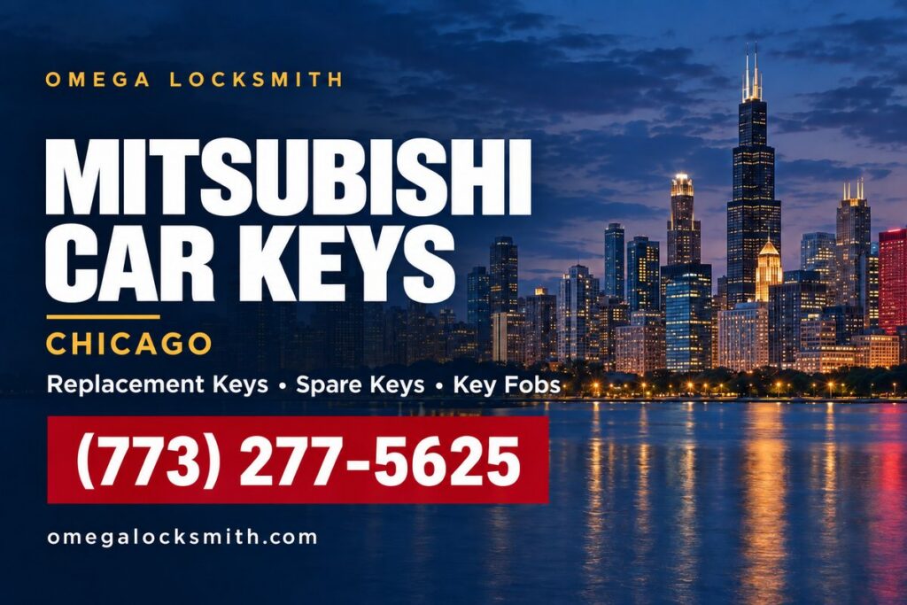 Omega Locksmith service card for Mitsubishi car key replacement in Chicago