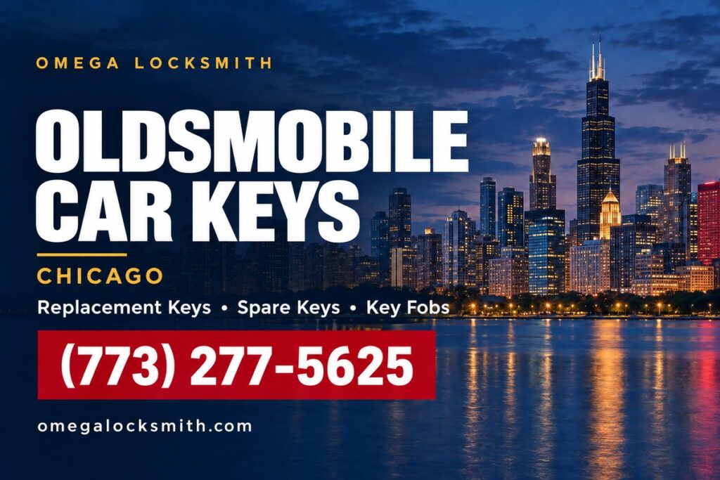 Omega Locksmith service card for Oldsmobile car key replacement in Chicago