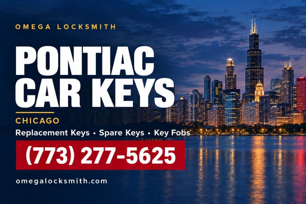 Omega Locksmith service card for Pontiac car key replacement in Chicago