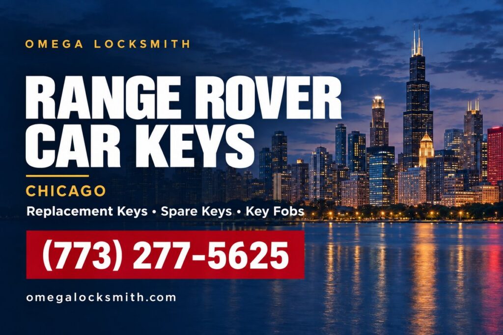 Omega Locksmith service card for Range Rover car key replacement in Chicago