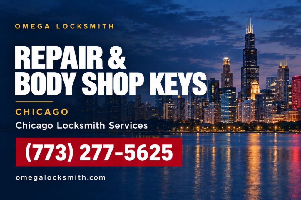 Omega Locksmith service card for Repair and Body Shop Keys in Chicago