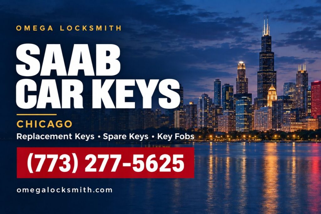 Omega Locksmith service card for Saab car key replacement in Chicago