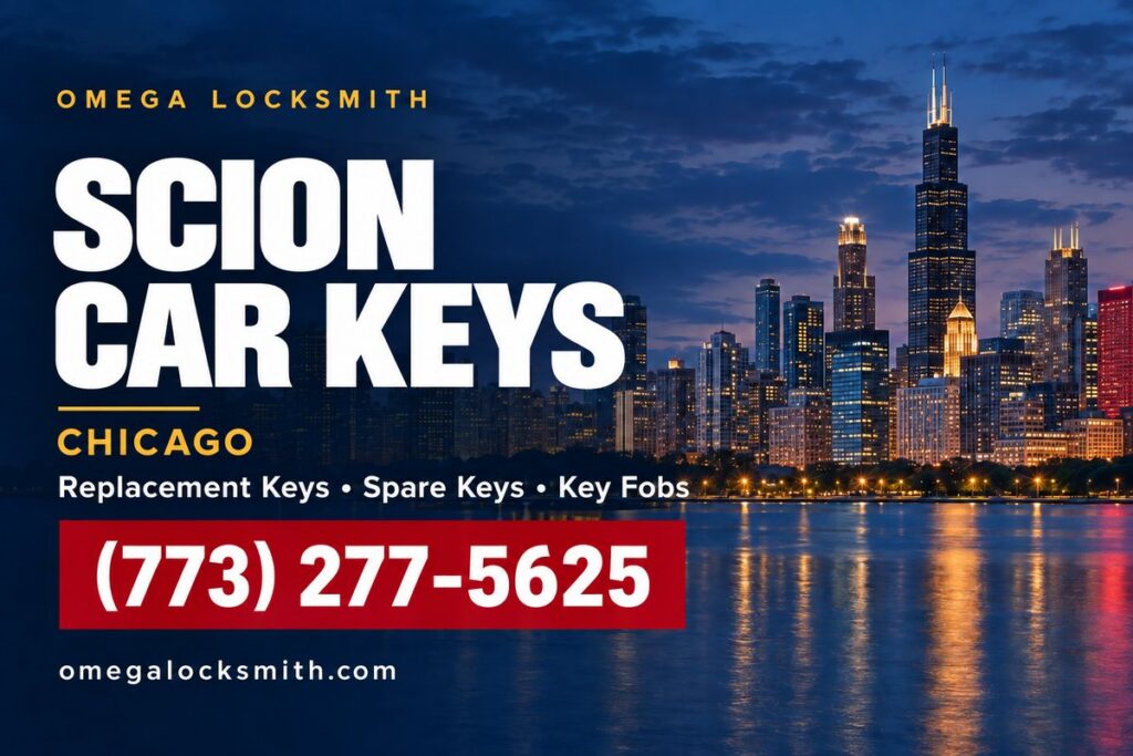 Omega Locksmith service card for Scion car key replacement in Chicago
