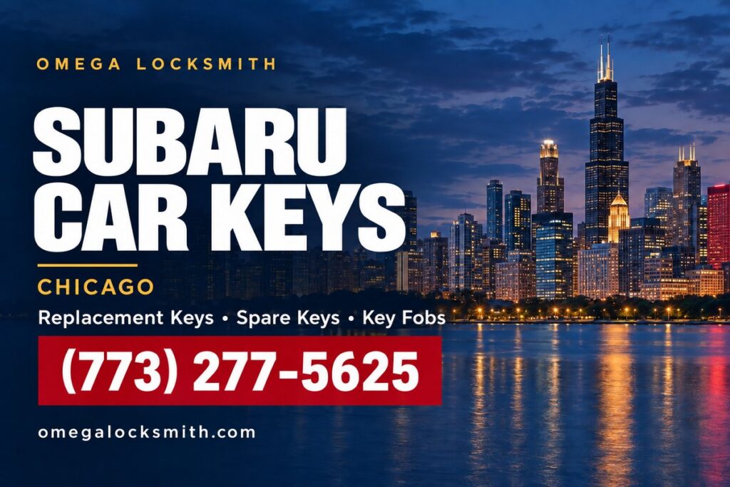Omega Locksmith service card for Subaru car key replacement in Chicago