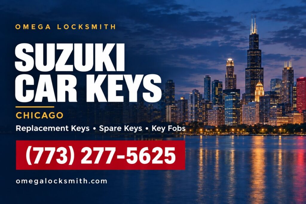 Omega Locksmith service card for Suzuki car key replacement in Chicago