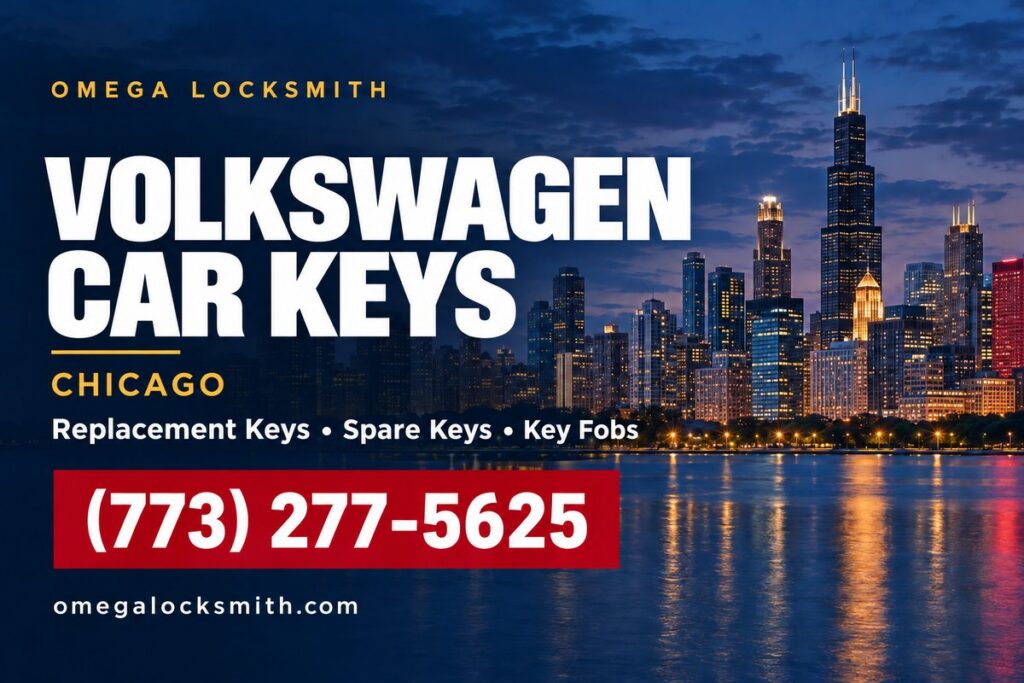 Omega Locksmith service card for Volkswagen car key replacement in Chicago