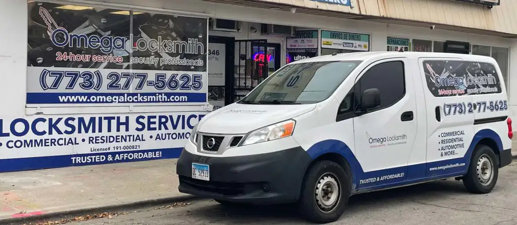 Omega Locksmith storefront and mobile locksmith van in Chicago